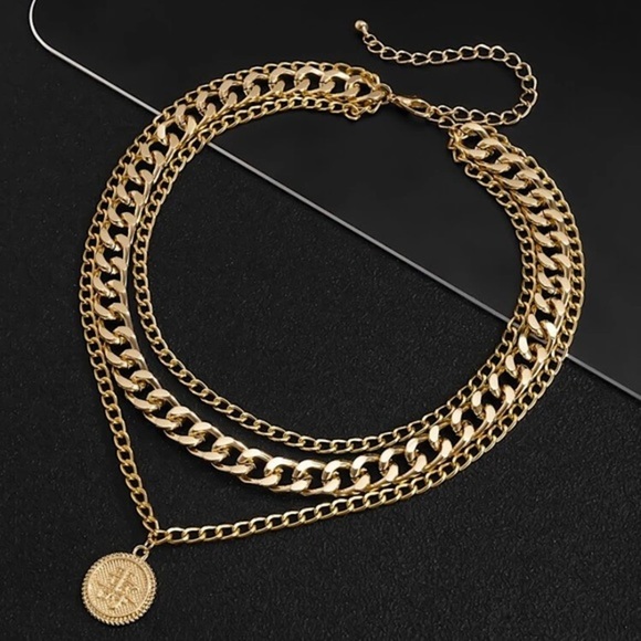 Gold Plated Round Charm Layered Necklace for Men - Picture 2 of 5